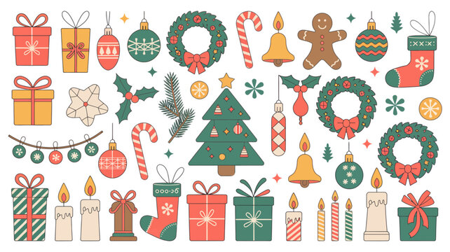 christmas holiday icons vector illustration present gift wreath candle bell gingerbread stocking ornament tree holly candy cane star snowflake festival seasonal
