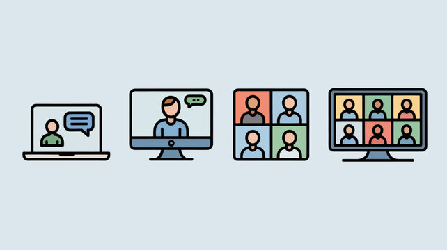 video call icons flat illustration communication online meeting people screens laptop computer monitor group conversation virtual teamwork collaboration interface design graphic