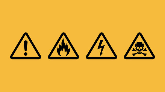 warning symbols on yellow background triangle icons caution signs fire symbol electricity skull bones black outline safety warnings danger indicators risk