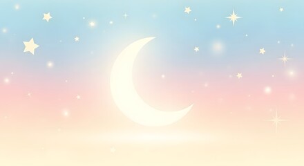 Fototapeta premium A serene night sky with a crescent moon and stars shining brightly in a pastel colored background