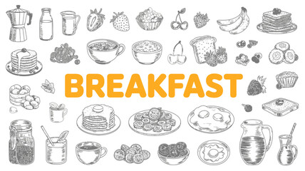 breakfast food collection sketch pancakes strawberries bananas cherries coffee milk eggs toast fruits beverage dessert hand drawn illustration black and white white background meal nutrition © DesignHub