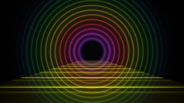 Hypnotic Colorful Concentric Circles Form Descending Stairway Pattern Against Deep Dark Void Suggesting Portal Entrance Or Abstract Digital Space Exploration Concept With Vibrant Rainbow Palette
