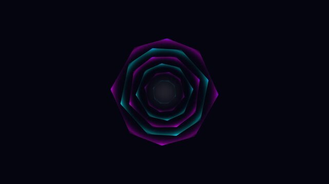 Abstract glowing geometric shape with layered polygons and vibrant neon tones of purple and teal creates a futuristic tunnel effect on a dark abyss representing technology and endless dimensions