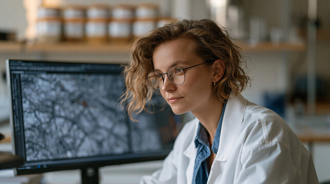 Materials engineer examines scanning tunneling microscope images of quantum superconductor surface on large monitor, magnified atomic lattice defects highlighted by analysis