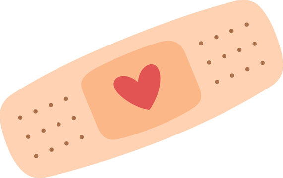 Cute medical plaster. Adhesive bandage with red heart decoration. Single design element in flat style. Vector isolated illustration.