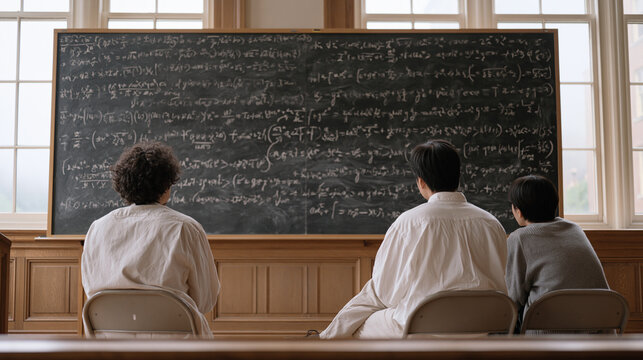 Algorithm theorist sketches quantum speedup advantage proof in chalk on full blackboard, university seminar room empty except for two collaborators leaning in from folding chairs,