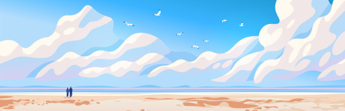 Summer beach landscape wide clouds sky seagulls people walking shoreline sandy coast blue horizon minimalist banner