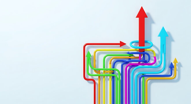 Colorful arrows merging into single direction concept with direction strategy business leadership colorful development progress planning decision alignment movement opportunity management