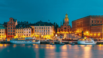 Fototapeta premium Scenic View Of Embankment In Old Part Of Stockholm At Summer Evening, Sweden. Time After Sunset.