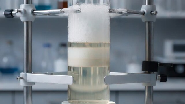 Medium shot of a glass column test station capturing foam height with clear liquid layers during foam stability analysis in a controlled lab environment