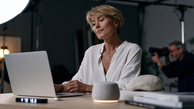 Campaign manager at a standing desk studying a digital countdown timer beside a staged product prototype while a photographer adjusts lighting in the background of a darkened studio .ultra photoreal