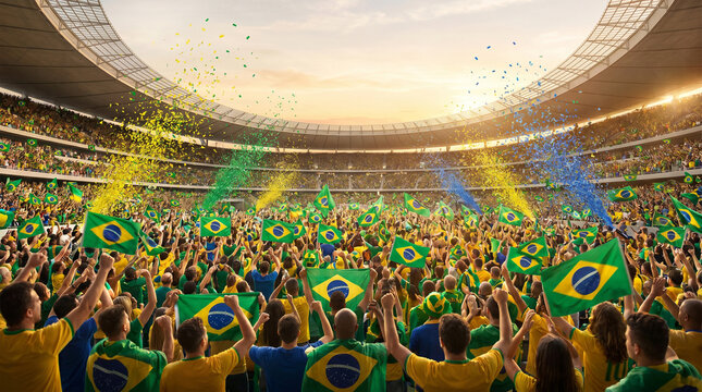 Brazilian football fans celebrating with flags and confetti in a stadium