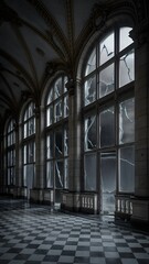 Obraz premium Elegant historic building interior with large arched windows and lightning strikes