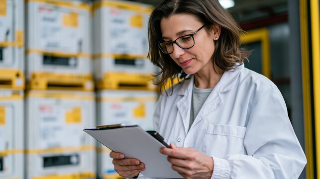 Hospital pharmacy technician receiving a cold chain delivery of temperature-sensitive biologics, verifying sensor data on a handheld reader, the receiving dock's antiseptic corridor framing rows of 