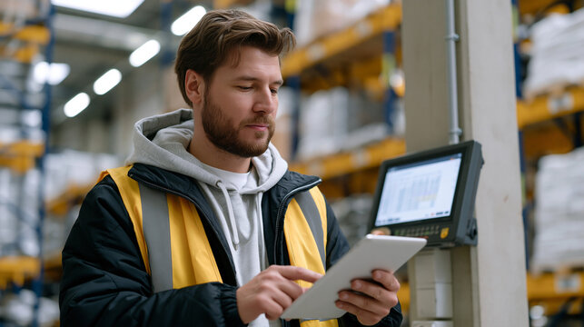 Inventory depletion specialist reviewing low-stock alerts on a warehouse management system terminal mounted to a pillar in a near-empty bulk storage zone, empty pallet positions visible in every dir