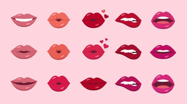 Vector illustration collection of female lips in shades of red and pink on a light pink background, showing expressions like kissing, biting, smiling, and puckering with hearts.