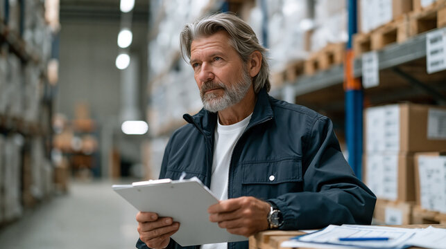 Inventory shrinkage auditor reviewing discrepancies between physical count sheets and WMS data in an empty bulk storage aisle at midday, every pallet location labeled with a location barcode, the sc