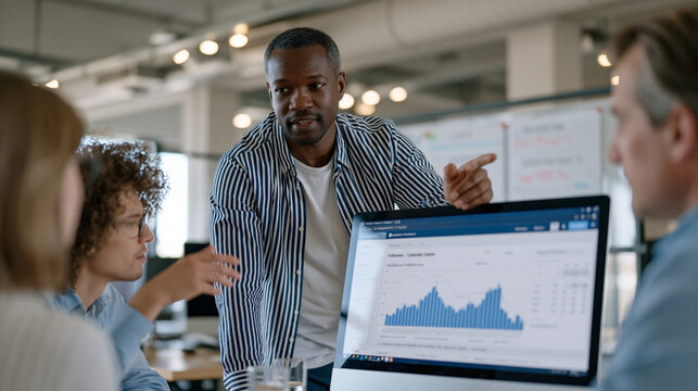 Marketing analyst pointing to a monitor displaying follower decline graphs while colleagues debate content calendar revisions in a sunlit open-plan office with whiteboards visible behind .ultra phot