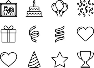 Naklejka premium Black and white line art birthday icons
