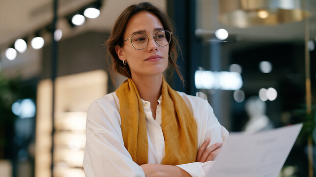 Retail campaign producer reviewing a finalized set inside an empty flagship store before doors open, comparing a printed brief to the dressed window display with arms folded in assessment .ultra pho