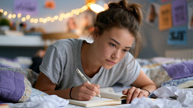 Teenage girl lying on her stomach across a patchwork quilt on her bedroom floor, writing intensely in an open journal with a worn pen, fairy lights strung above her desk, motivational cut-outs pinne