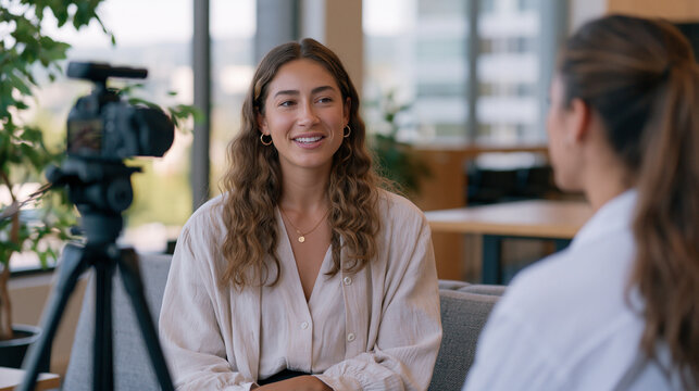 Social proof strategist conducting a video interview with a satisfied small business client in a bright professional office, a camera mounted on a tripod capturing authentic testimonial footage as t