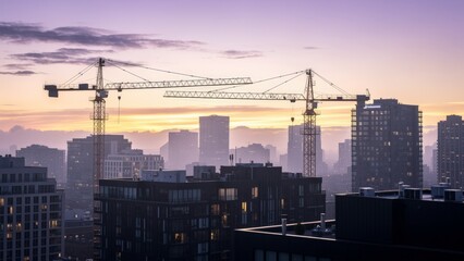 Fototapeta premium A cityscape at sunset with two construction cranes towering above the buildings, symbolizing growth and urban development in a metropolitan area.