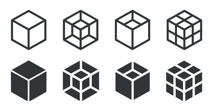 various cube shapes in line and solid styles geometric forms