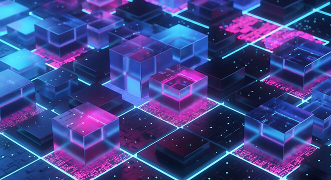 Digital technology abstract background with glowing cubes and data grid technology abstract computing geometric electronic innovation structure information connectivity platform