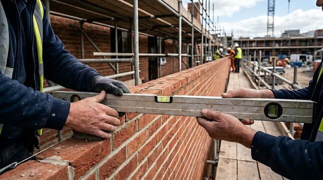 Construction workers using a spirit level to check the alignment of a newly laid brick wall on a building site scaffolding