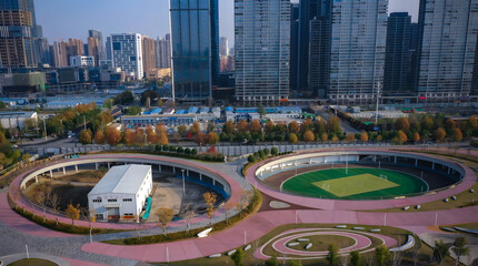 Circular Sports Complex Blends with Yangtze River City Skyline © DoMinh
