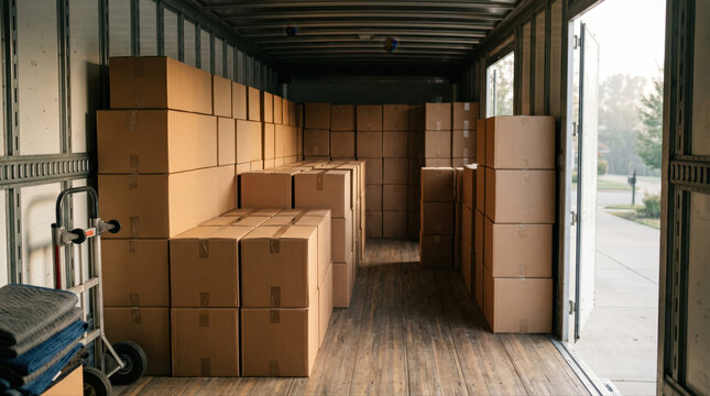 Stress free moving concept. Interior view of a truck loaded with neatly stacked cardboard moving boxes ready for transport.
