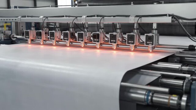 Medium shot of an infrared coat weight sensor array system performing fast realtime coating thickness measurements uniformly across a continuously moving web surface