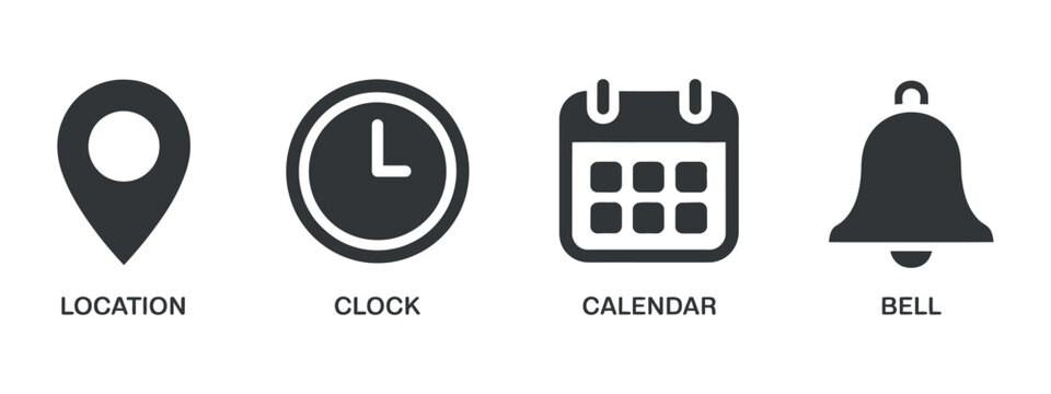 location clock calendar bell icons set symbol time date alarm
