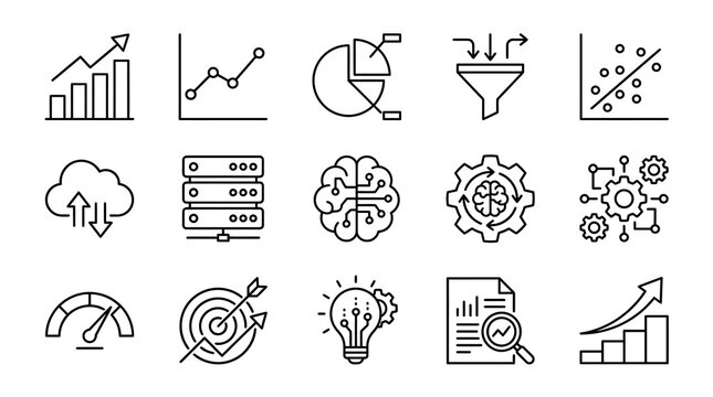 An array of linear data analytics icons showcasing information processing, including charts and graphs, displayed in a clean, monochrome line art style on white