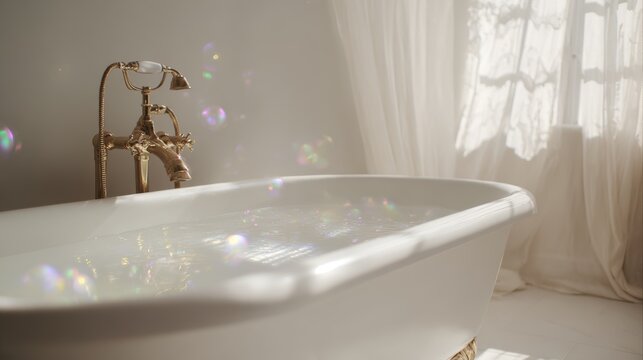 Bathtub in a softly lit bathroom offering a tranquil retreat. Sheer curtains filter light onto clear water and elegant brass fixtures