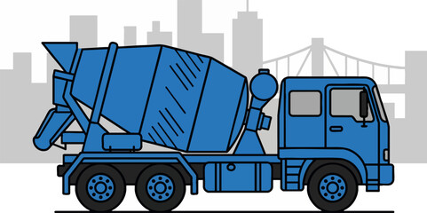Fototapeta premium Blue Concrete Mixer Truck Illustration with City Skyline