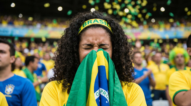 Brazilian fan cries while holding national flag at stadium, close-up