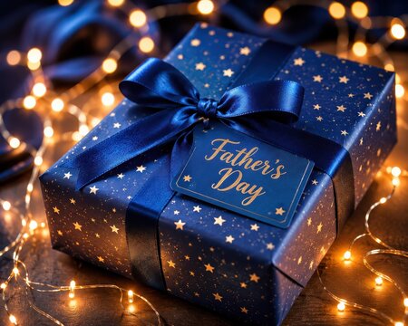 Fathers day gift box with blue ribbon and stars, surrounded by warm string lights.