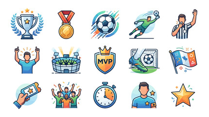 Fototapeta premium A collection of soccer-themed vector icons, featuring a trophy, medal, and stadium, presented in a bright and playful cartoon style against a clean white background