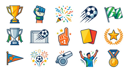 Collection of soccer icons showing winning and competition elements in a cartoon style with vibrant colors against a white background, conveying a celebratory mood © Sarmi