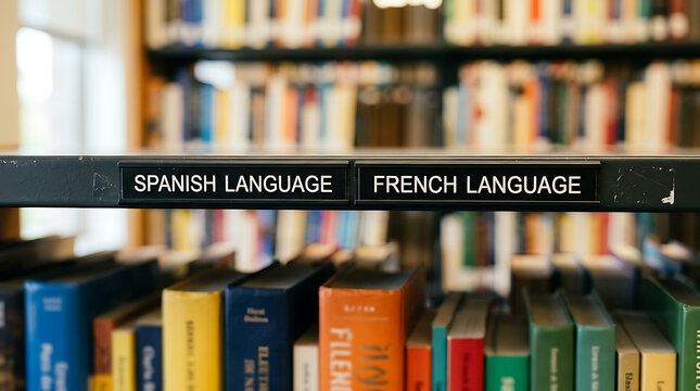 Library Shelf Labels for Spanish and French Language Sections with Rows of Books for Education Foreign Language Study and Academic Linguistic