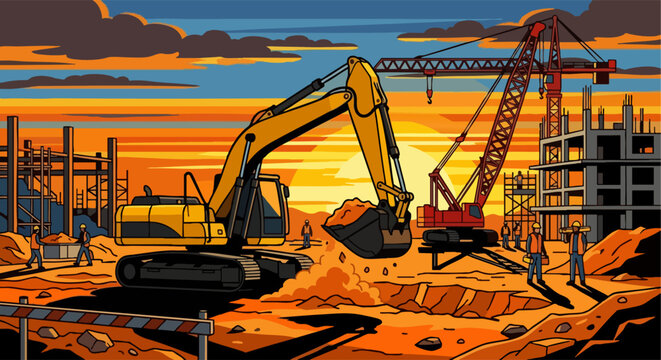 Pixel art construction site with excavator and crane at sunset