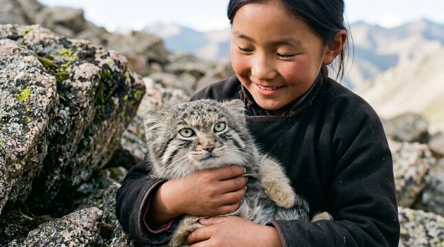 A smiling girl affectionately cradles a fluffy Pallas's cat amid rocky, high-altitude terrain. The scene radiates a charming sense of heartwarming, gentle companionship.