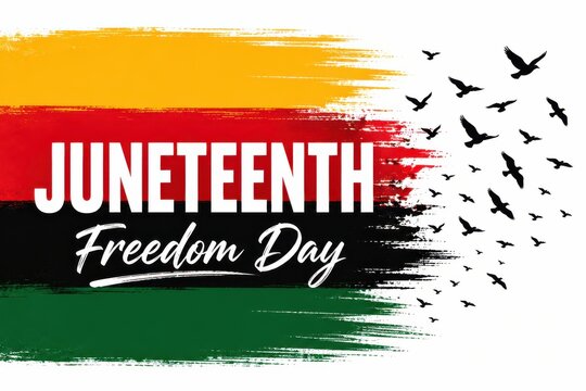 Juneteenth freedom day banner with brush stroke flag texture and flying birds silhouette.
