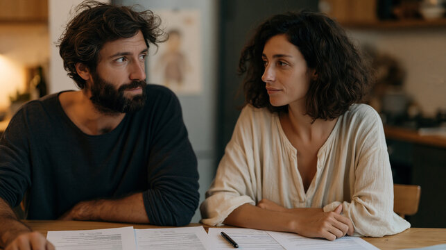 Couple sits on opposite sides of a kitchen table with legal documents spread between them, a child's artwork visible on the fridge behind them, neither looking at each other as a