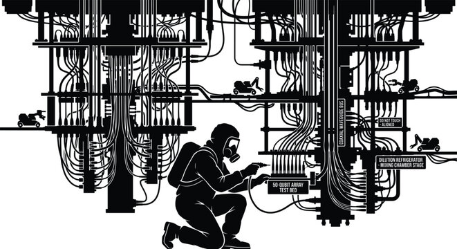 Solid black vector silhouette of a specialized quantum engineer performing maintenance on a massive quantum computing cryostat