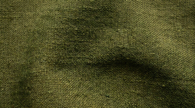 Closeup of olive green linen fabric texture with natural folds and coarse weave perfect for rustic backgrounds and organic textile designs