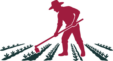 Naklejka premium A silhouette of a farmer using a hoe in a crop field, simple agricultural scene