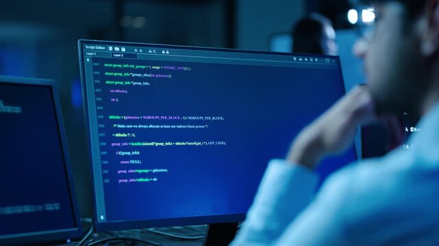Focused software developer typing complex code on a computer monitor in a dark high-tech office. IT programmer works late at night analyzing data and programming algorithms for cybersecurity.